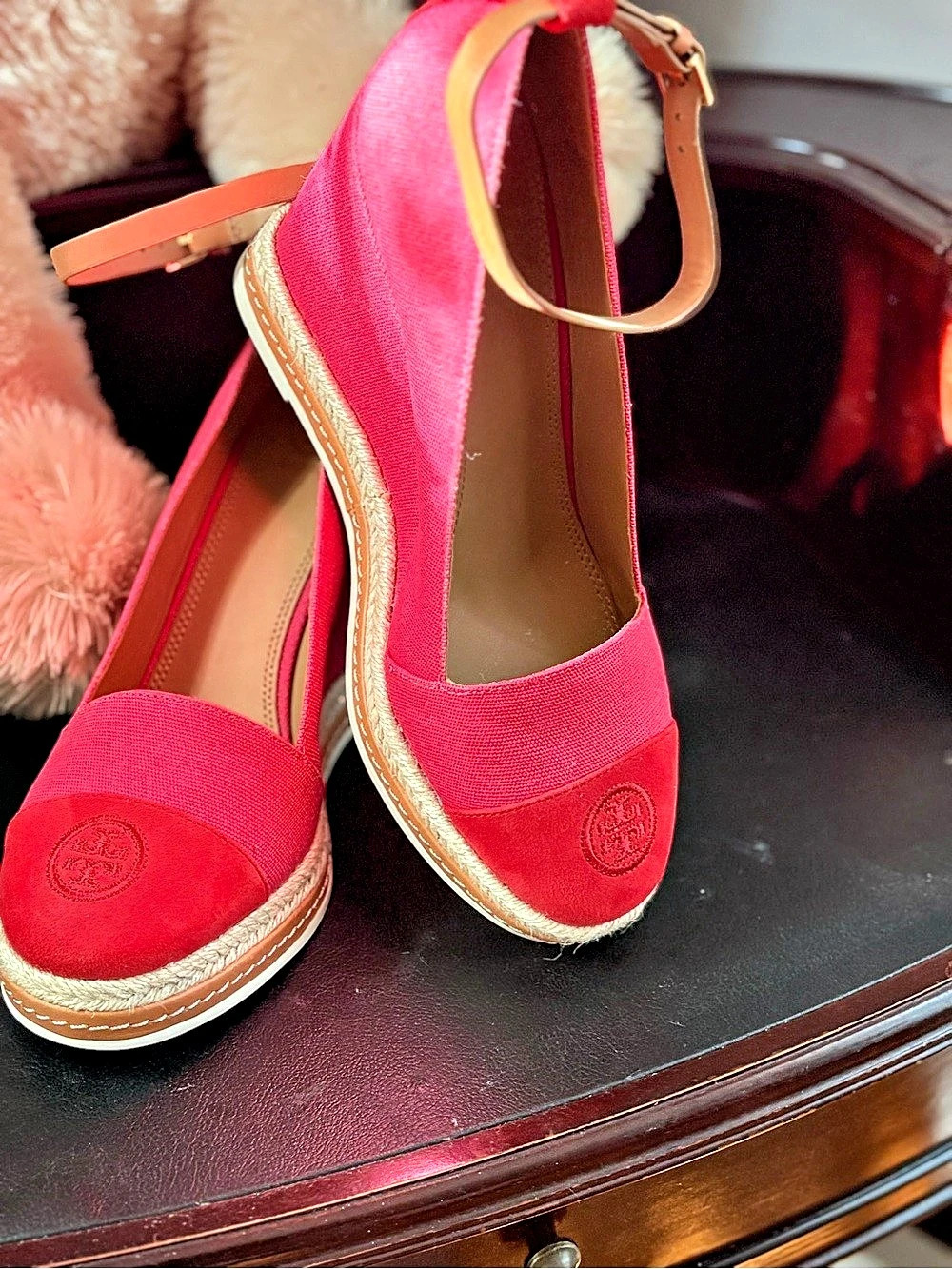 Tory Burch Canvas Wedge Espadrille Pink & Red Espadrille Wedge Sandals US 9